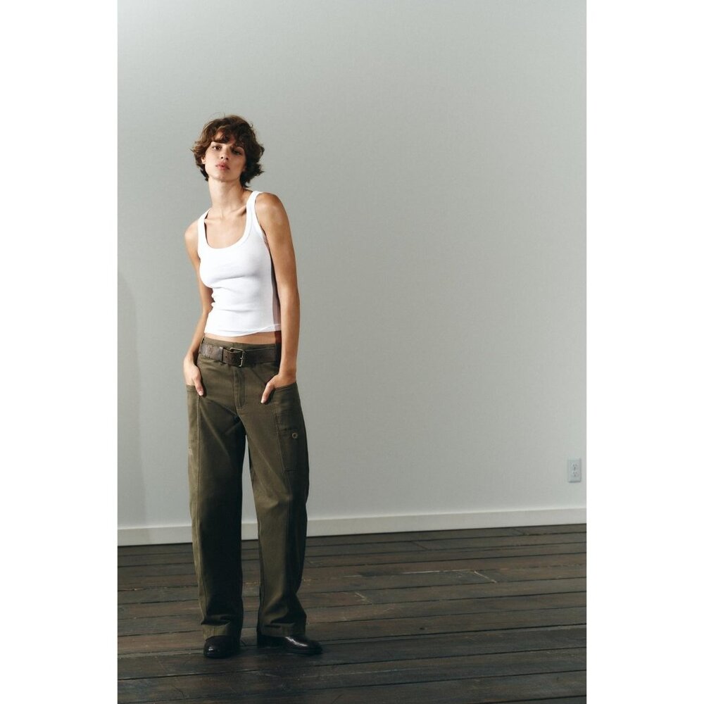 Zara Womens Balloon Cargo Pants Size 2XL Dark Khaki High Waist 1255/543 NWOT